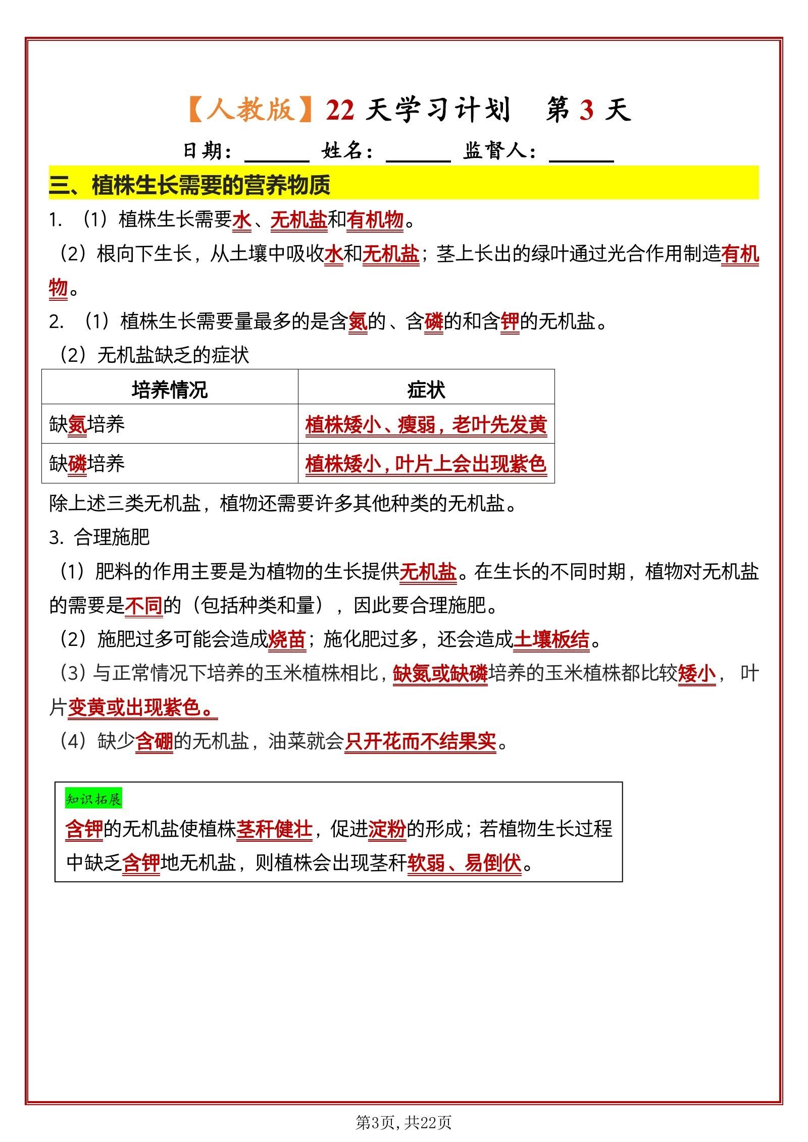 初中生物《知识清单默写小纸条 每日一练》七下 03