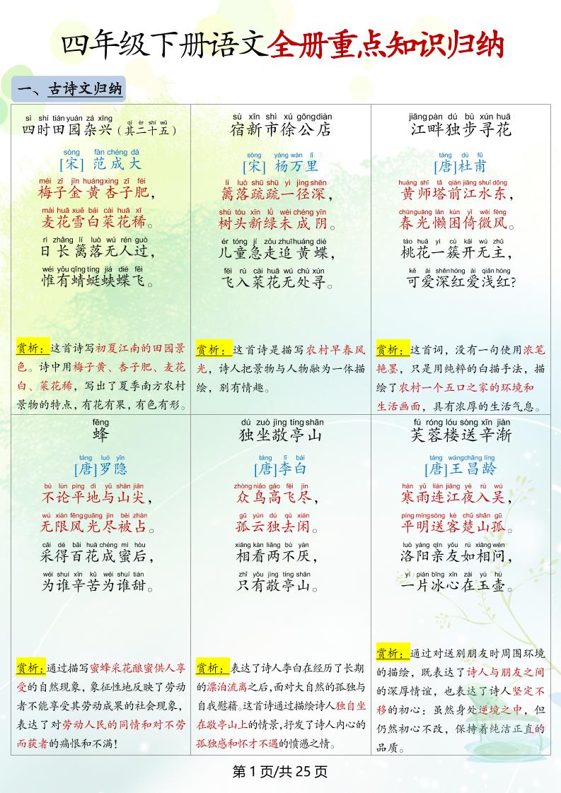 四下语文全册重点知识归纳 - 极享资源 - 极致畅享全网精选资源-极享资源 - 极致畅享全网精选资源