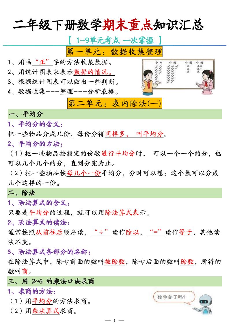 二年级下册数学期末重点知识汇总 - 极享资源 - 极致畅享全网精选资源-极享资源 - 极致畅享全网精选资源