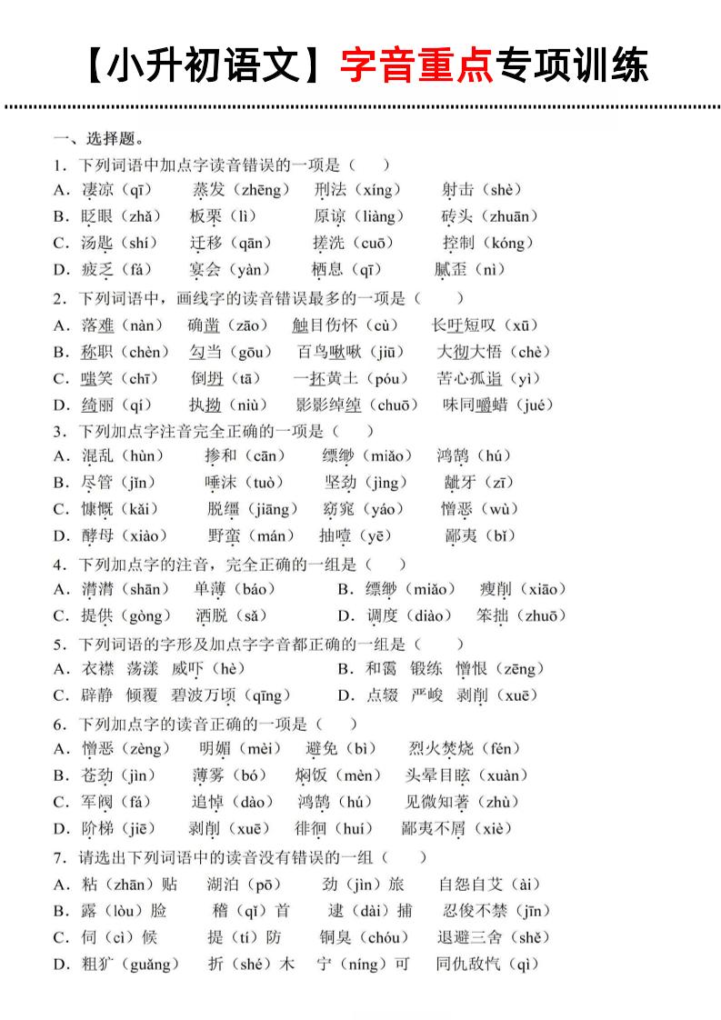 《小升初语文字音重点专项训练》 - 极享资源 - 极致畅享全网精选资源-极享资源 - 极致畅享全网精选资源