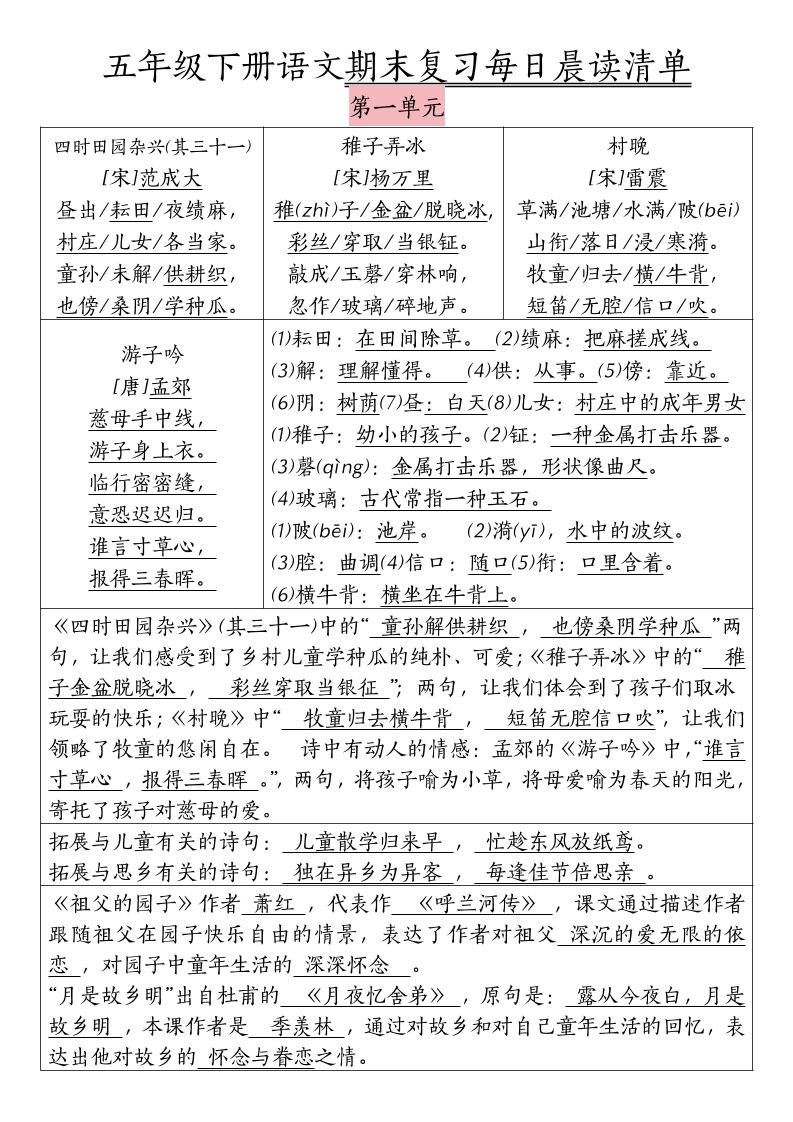 五下语文期末复习每日晨读清单 - 极享资源 - 极致畅享全网精选资源-极享资源 - 极致畅享全网精选资源